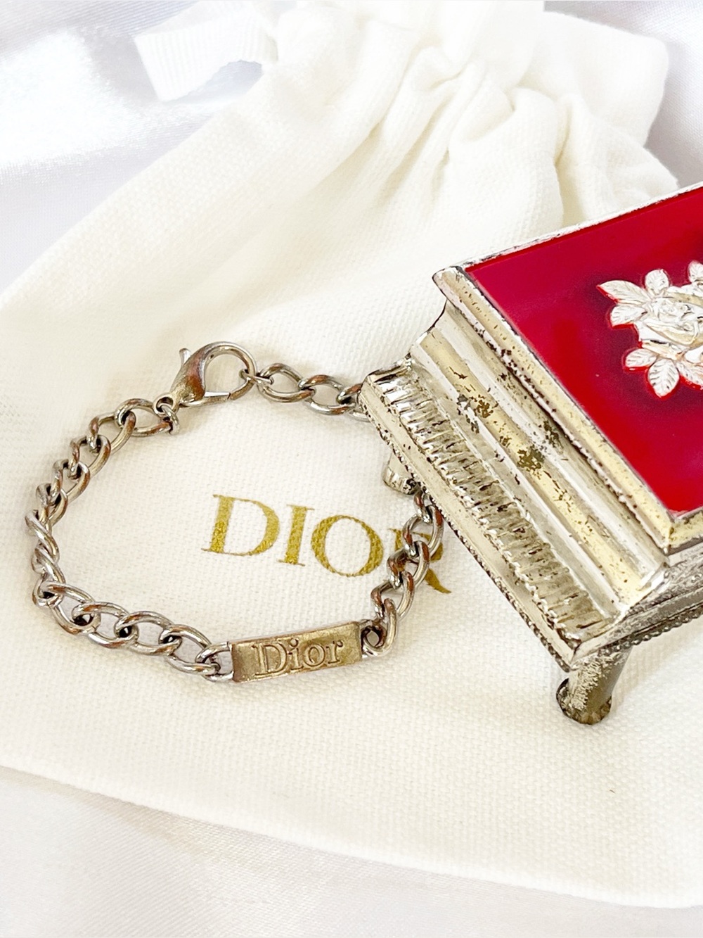 CHRISTIAN DIOR ID Bracelet Vintage SilverPlated Curb Chain Rectangular Dior Logo